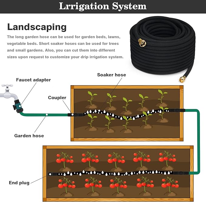 1/2" Soaker Hose for Garden Drip Hose Irrigation System with Solid Brass Fitting for Lawns Flower Beds & Vegetable Gardens (100FT)