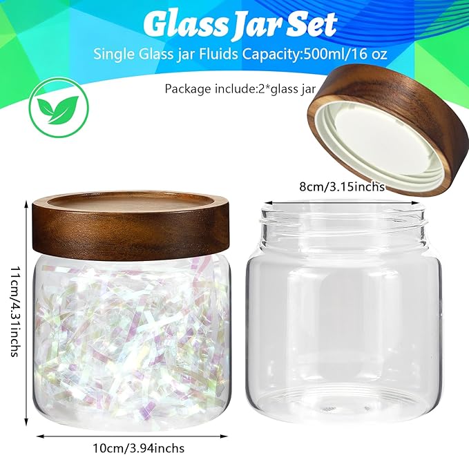 Glass Coffee Jars Spice Jar Round Storage Canister with Wooden Lid Clear Glass Food Jar for Pantry Sugar Tea Coffee Bean Spice Nuts Cookies Bath Salts (500ml/16oz-2pack)