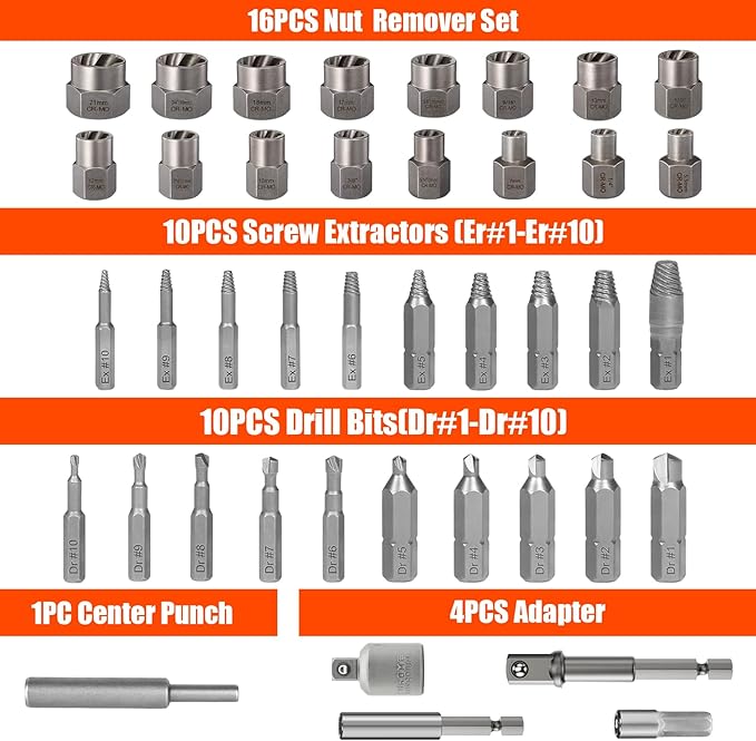41Pcs Bolt Extractor Kit and Small Screw Extractor Set, Ez Out Bolt Extractor Tool with 5Pcs Compatible Adapter for Stripped Screw, Broken Nut and Damaged Bolt Remove