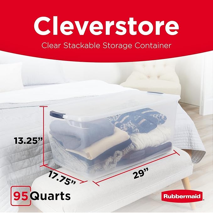 Rubbermaid Cleverstore 95 Qt Clear Storage Bins with Lids, 4-Pack, Stackable, BPA-Free, Made in USA