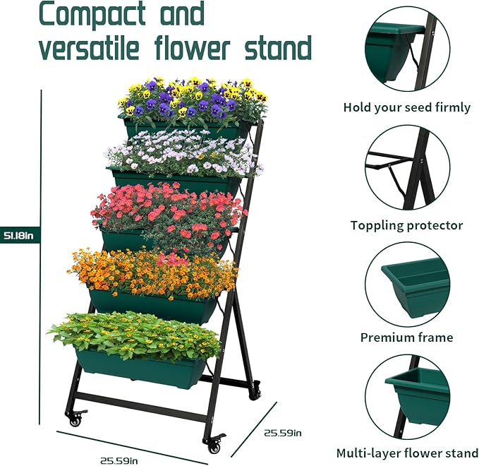 Vertical Raised Garden Bed, Freestanding Elevated Planter with Drain Holes, 5 Tier Planter Box Container Gardening Outdoor Indoor Gift for Flowers Vegetable Seeds Patio Balcony Greenhouse, Green