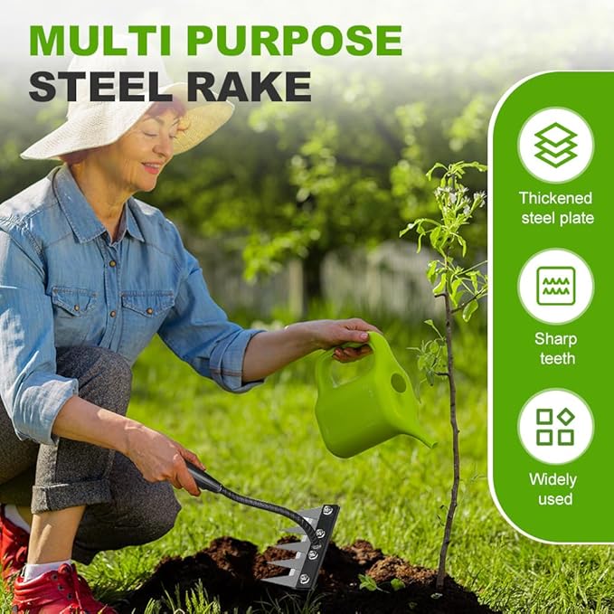 2025 Iron Weeding Rake 2.0, New 5/6/7/8 Teeth Carbon Steel Garden Weeder Rakes, Iron Rake for Yard Lawn and Garden, Heavy-Duty Garden Hand Weeder Puller Tool for Gardening and Weedings (5 Teeth)