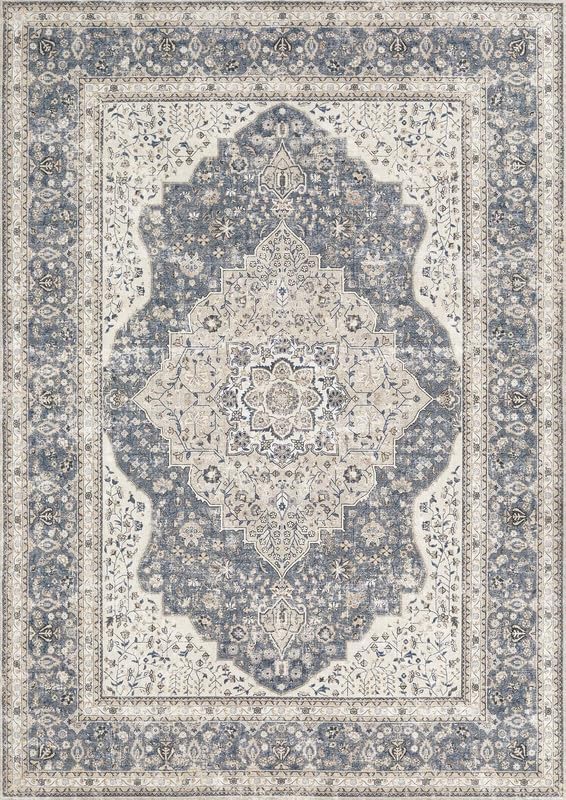 Washable Rug 6x9 Area Rugs for Living Room Bedroom Dining Room Home Office Floor Decor -Stain & Fade Resistant Non Slip Backing Carpet,Ultra-Thin Vintage Large Carpets (Blue/Beige,6'x9')