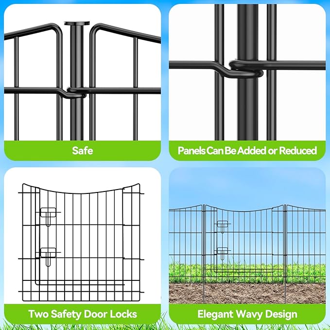 INJOPEXI Garden Fence 6 Panels 11.8ft(L)×24in(H) Decorative Garden Fences with 5 Panels + 1 Gate, Rustproof Metal Wire No Dig Temporary Rabbit Animal Barrier Fencing Dog Fence for Yard Outdoor Patio