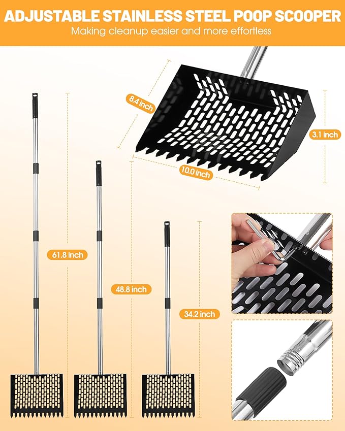 Chicken Poop Scooper and Rake – 2-in-1 Metal Litter Sifter for Chicken Coops, Sand, and Runs with 22–62" Adjustable Handle, Heavy-Duty Cleaning Tool for Chicken and Duck