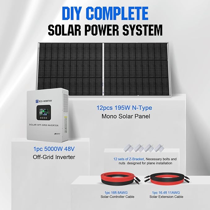 ECO-WORTHY 9.36KWH 2340W 48V Solar Power System Kit Off Grid Solar Panel Kit with 5000W 48V All-in-One Off-Grid Charge Inverter and 12pcs 195W Mono Solar Panel and Z Mounting Brackets.Plug and Play