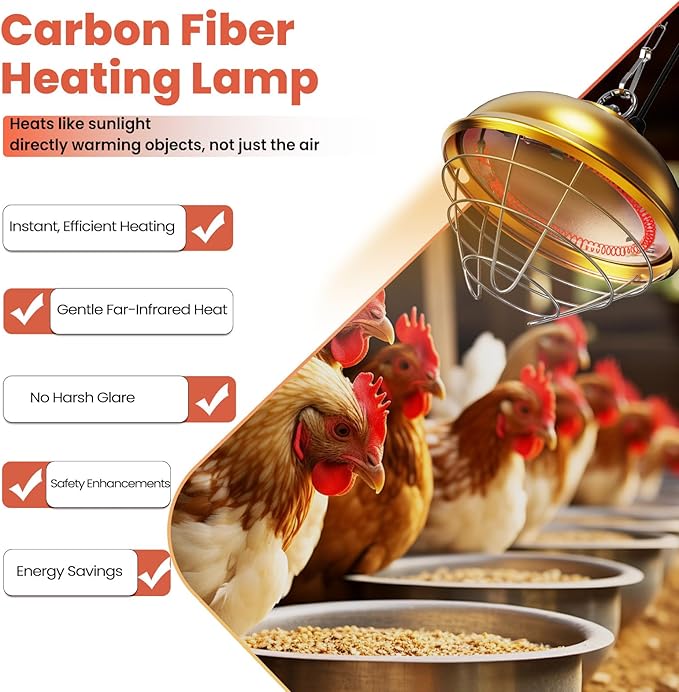 Heat Lamp for Chickens, 170W & 350W Adjustable Heating Temperature and Hanging Height, Chicken Coop Heater, Brooder Lamp, Carbon Fiber Heating Lamp for Chicks, Ducks, Rabbits, Cats, Dogs, Livestocks