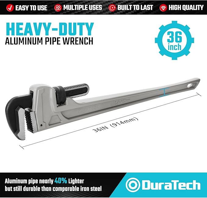 DURATECH 36-inch Heavy Duty Aluminum Straight Pipe Wrench, Adjustable Plumbing Wrench, Drop Forged, Exceed GGG standard