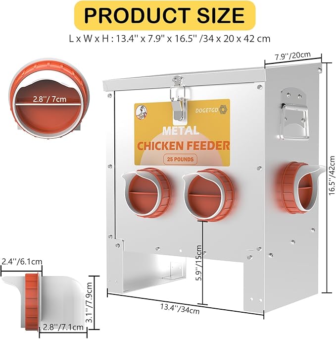 Automatic Chicken Feeder No Waste Metal Poultry Feeder Large Capacity 25lbs for Chickens, Geese, Ducks, Turkeys, Quails (4-Port)