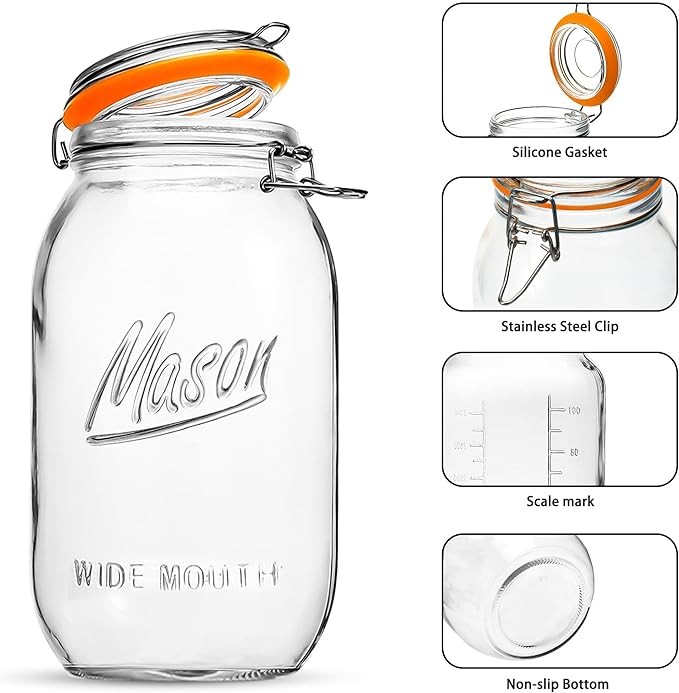 Wide Mouth Mason Jars 64 oz 3 Pack Half Gallon Glass Jar with Airtight Lids, Large Mason Jar with Scale Mark Food Storage Canning Jars for Pickling Flour Sugar Pasta Oats Cereal