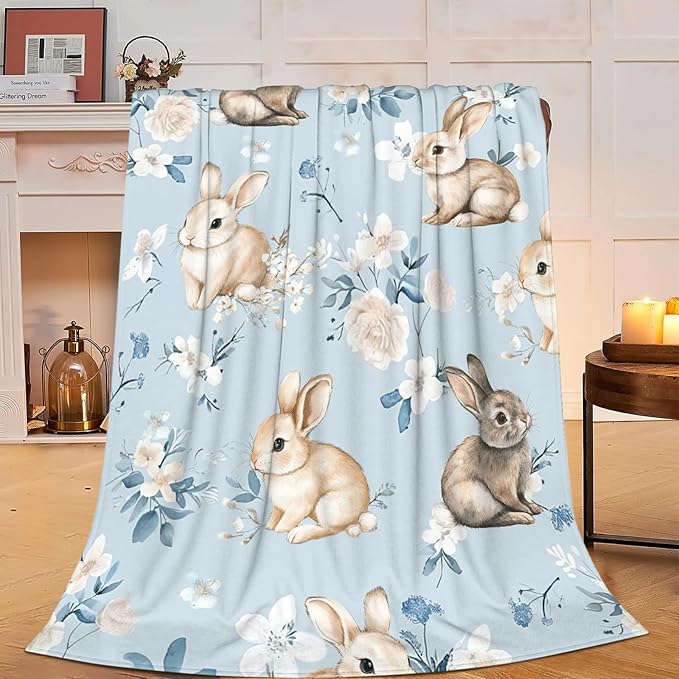 Rabbit Blanket Blue Rabbits Flower Throw Blanket Soft Warm Cozy Fuzzy Plush Gifts for Girls Women Lightweight Fleece Flannel Stuff Gift for Kids Adults 80"X60"