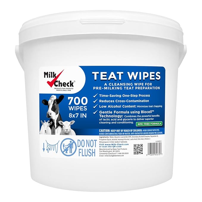 Milk Check Teat Wipes (700 wipes) - Cow, Goat, Sheep Udder Prep - 7 inch x 8 inch Wipes, Reclosable Pail.