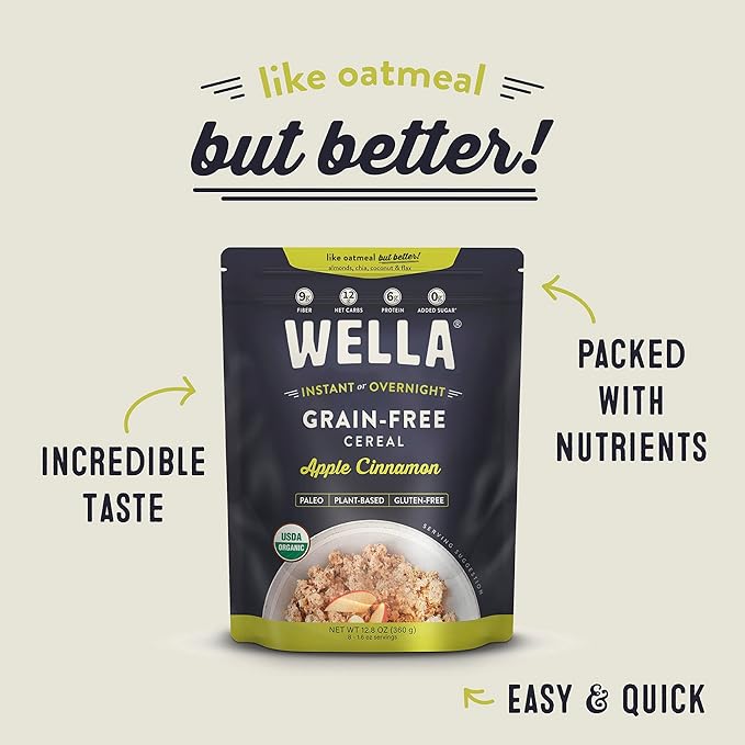 Wella Cereal Oatmeal Alternative, Gluten-Free Breakfast Hot Cereal, Grain-Free Paleo Organic Vegan High Protein Superfood, Plant-Based Non-GMO, Low in Net Carbs, Multi-Serve Bag, Apple Cinnamon Flavor (1 Count, 12.8 oz. Bag)