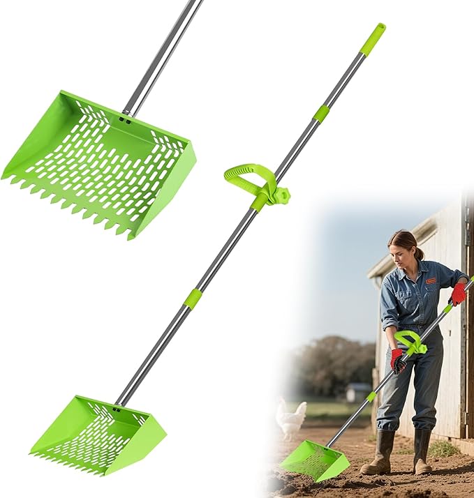Poultry Waste Cleanup Tool, 2-in-1 Poop Scooper & Rake, 10-Inch Wide Sifting Shovel with Adjustable Stainless Steel Handle & Comfort Grip, for Chicken Coops, Barns, Pet Kennels & Sand (Green)