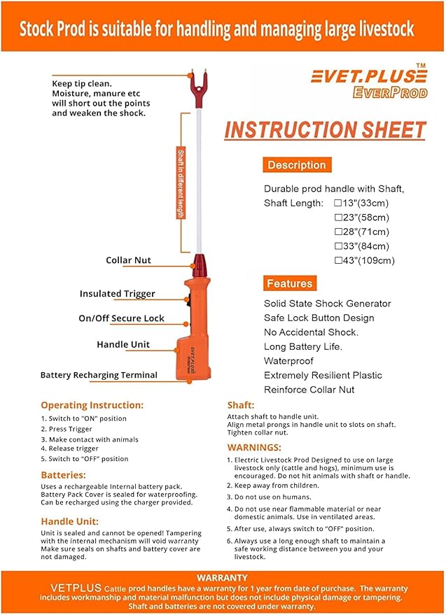 Rechargeable and Waterproof Livestock Prod for Cow Electric Cattle Prod for Cow for Big Dog Safety Animal prod with Flexible Shaft Length 43", Total Length 53 1/2 inch