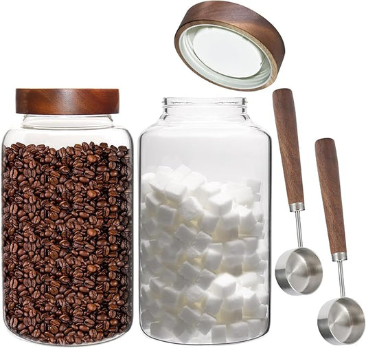 Glass Coffee Jars Spice Jar Round Storage Canister with Wooden Lid Clear Glass Food Jar for Pantry Sugar Tea Coffee Bean Spice Nuts Cookies Bath Salts (2300ml/77oz-2PACK(with spoon)