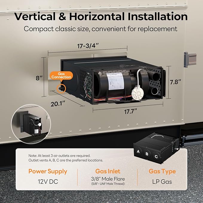 FOGATTI 30,000 BTU RV Furnace Complete Kit - Forced Air Heater with Digital Thermostat for Fifth Wheel, Motorhome & Travel Trailer