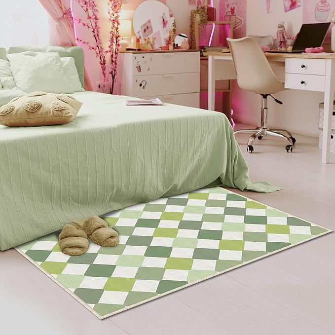 Checkered Washable Green Modern Area Rugs for Living Room Bedroom Dinning Room Kitchen 3x5 Non Slip Low Pile Indoor Floor Small Carpet
