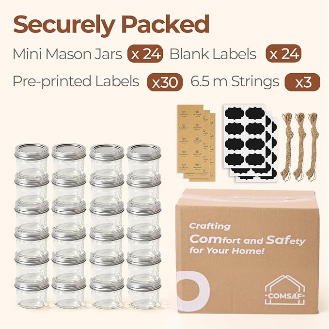 ComSaf Small Regular Mouth Mason Jars 4 oz, 24 Pcs Mini Mason Containers, Small Canning Jars, 4 oz Glass Jar with Lids for Mustards, Dipping Sauces, Jelly, DIY Candle Decor, Wedding Shower Favors
