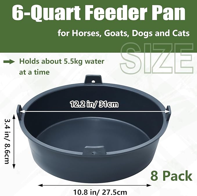 Sadnyy 8 Pcs Ox Tendon Feeder Pan 6 Quart Feed Pan Utility Horse Feed Bucket Dog Bowl Horse Feeder for Cats Dogs Goats Horses Chicken Dust Bath Container Animal Feeding, 12.2 x 3.4 Inch (Not Rubber)