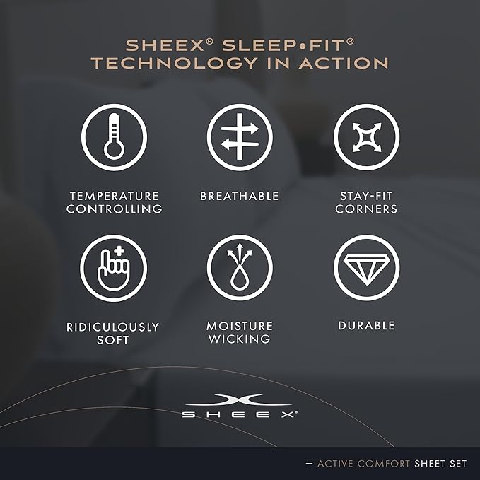 SHEEX - Active Comfort Cooling Sheets Set (Queen) Parchment - Moisture Wicking - 1 Flat Cooling Sheet, 1 Fitted Cooling Sheet, 2 Cooling Pillow Covers - Wrinkle Free - Sleep Aid