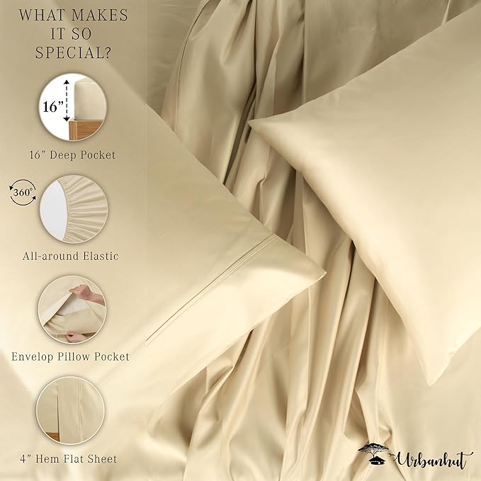 URBANHUT 100% Cotton Sheets - 1000 Thread Count California King Sand Sheet Set (4Pc), Long Staple Cotton Sheets, All Season Sateen Weave, Luxury Hotel Calking Bedsheets,16" Deep Pocket - Sand
