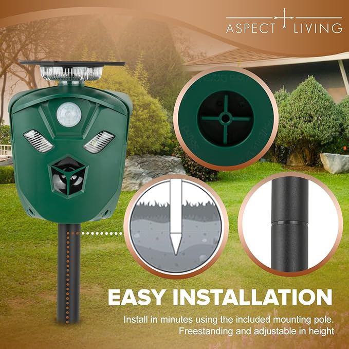 360° Ultrasonic Animal Repeller Outdoor – Solar & USB Powered with 3 PIR Motion Sensors & 6 Flashing Lights, Waterproof Cat, Deer, Raccoon, Dog & Rabbit Deterrent for Yard & Garden