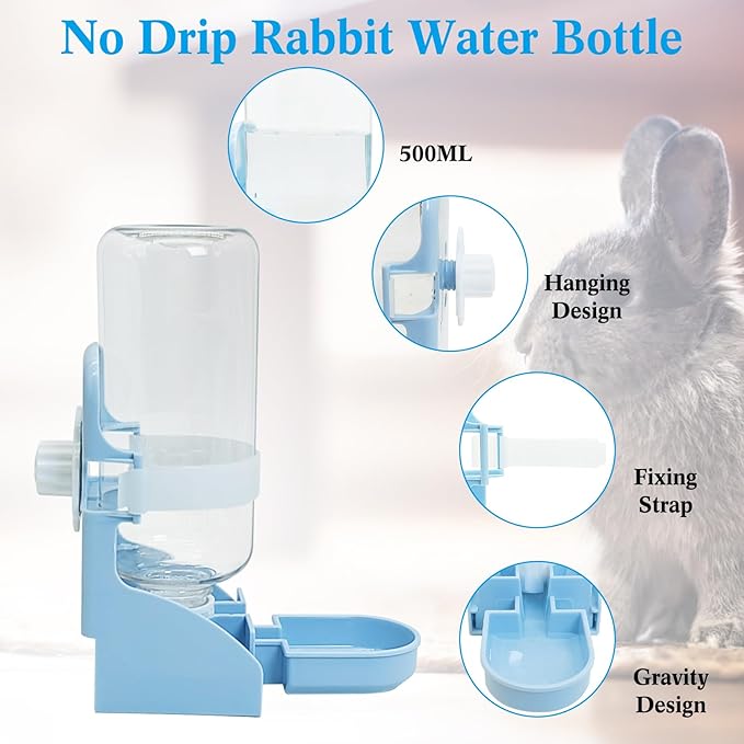 kathson Rabbit Litter Box Toilet Pet Potty Trainer Cage Corner Tray Pan Litter Bedding Box Hanging Water Fountain Automatic Dispenser for Adult Guinea Pigs Rabbits Hamster Chinchilla Ferret Blue