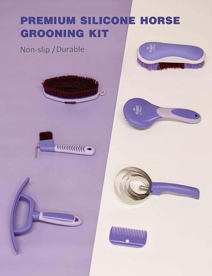 9PCS Horse Grooming Kit Curry Comb Sweat Scraper Horse Bathing Supplies Grooming Tools with Storage Bag Sugar Taro