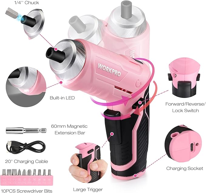 WORKPRO Pink Tool Set with 3.7V Rotatable Electric Screwdriver, 18PCS Portable Ladies Home Tool Kit with Toolbox, Cordless Electric Screwdriver Kit, Household tool kit for Dorm, Apartment -Pink Ribbon