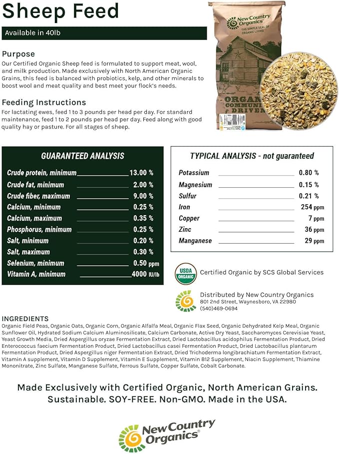 New Country Organics | Sheep Feed for Lactating Ewes and General Maintenance | Soy-Free | 13% Protein | Certified Organic and Non-GMO | 40 lbs Bag