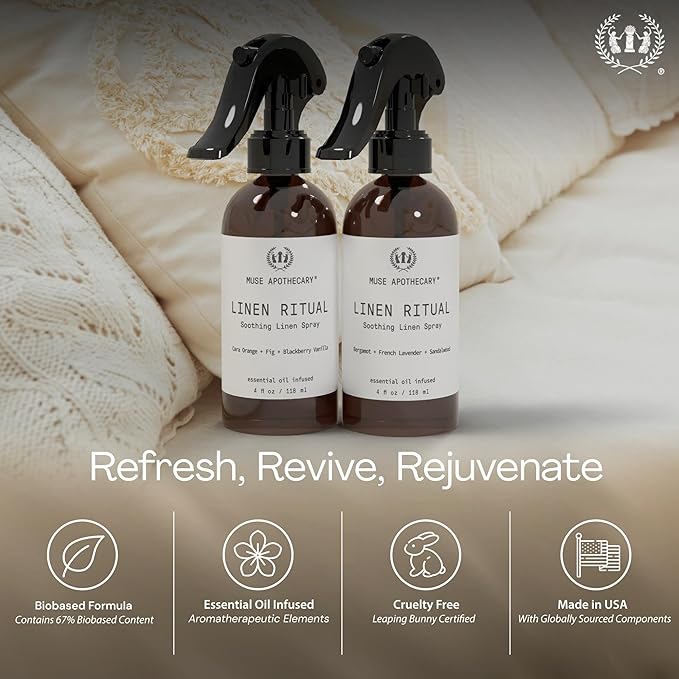 Muse Apothecary Linen Ritual - Aromatic, Soothing, and Relaxing Linen Mist, Laundry and Fabric Spray - Infused with Aromatherapy Essential Oils - 4 oz, Cara Orange + Fig + Blackberry Vanilla,