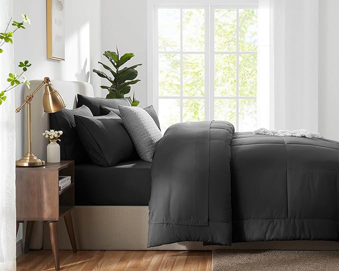 CozyLux Queen Comforter Set Dark Grey, 7 Pieces Bed in a Bag, Dark Gray Comforter Queen Size, All Season Bedding Sets with Stitch Quilted Comforter, Flat Sheet, Fitted Sheet, Pillowcases