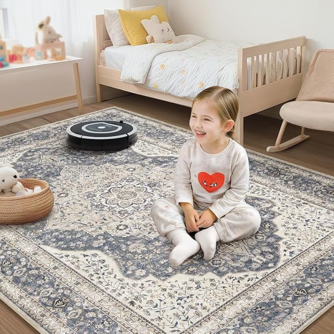 Washable Rug 5x7 Area Rugs for Living Room Bedroom Dining Room Home Office Floor Decor -Stain & Fade Resistant Non Slip Backing Carpet,Ultra-Thin Vintage Large Carpets (Blue/Beige,5'x7')