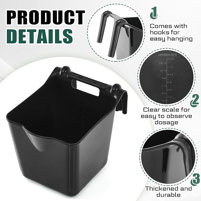 Marsui 4 Pack 15 Quart Horse Feeders for Stall Hook Over Hanging Fence Hay Feeder Mountable Livestock Plastic Feed Bucket for Farm Stalls Pasture, Stable to Feed Horses Sheep Cattle Cows Etc(Black)
