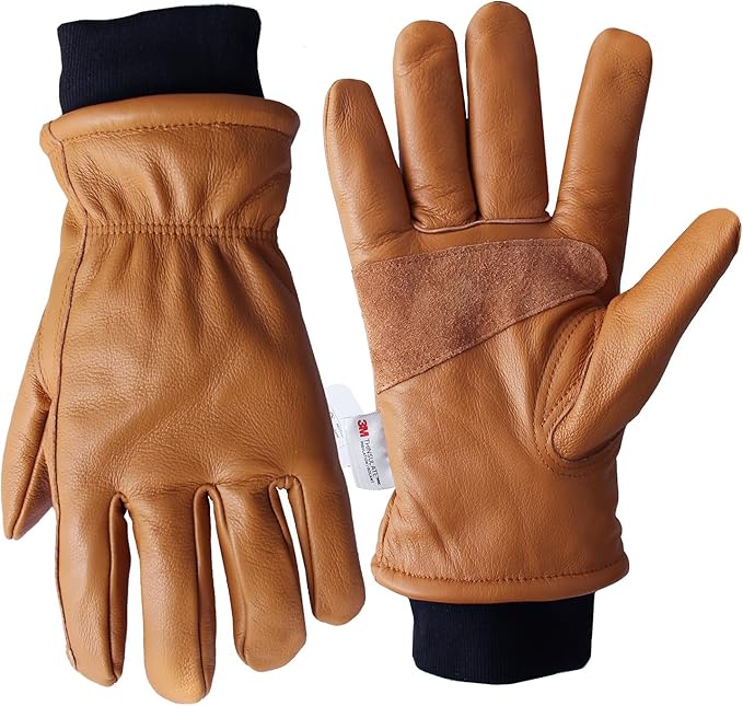Retro Brown Cowhide Leather Work Gloves for Construction, Yardwork, Gardening with Reinforced Palm for Men & Women