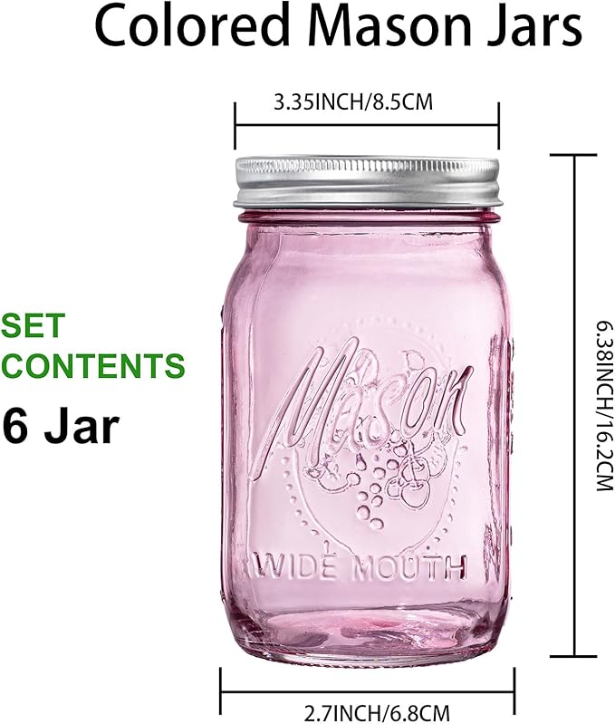 WELLIFE 6PCS 32 oz Mason Jars Wide Mouth-Vibrant Colored Glass Jars for Canning, Food Storage, Fermenting & DIY Craft. Glass Jar with Lid, Airtight & Durable
