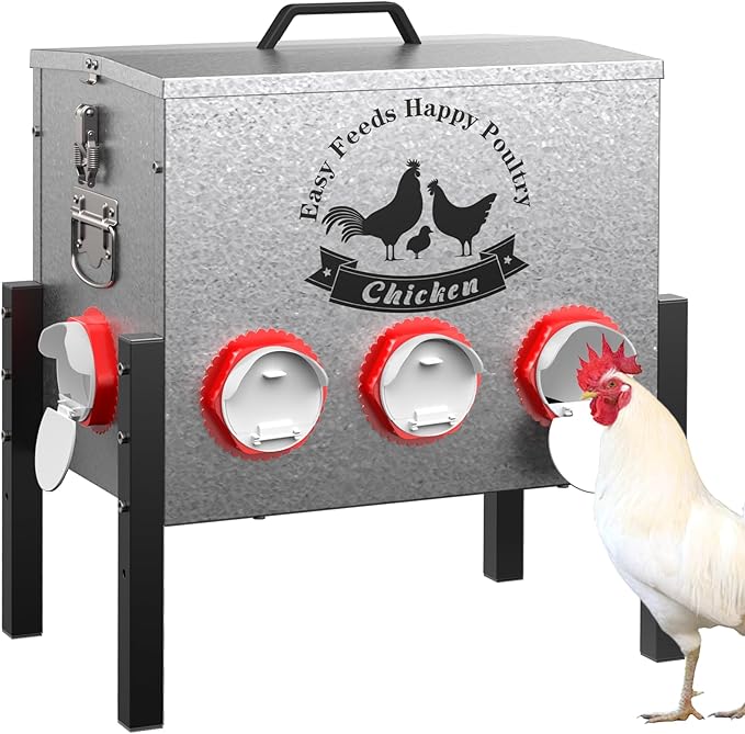 10gal Large Automatic Chicken Feeder - 55LB Capacity 8 Port No Waste Poultry Feeder, Rust-Proof Alloy Steel with Locking Lid & Adjustable Legs for Chickens