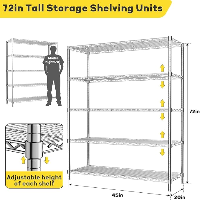 45" W x 20" D x 72" H Heavy Duty Wire Shelving Unit, 5-Tier Utility Storage Rack 2000 lbs Capacity, Adjustable Garage Shelves for Kitchen Garage Pantry, Easy Assembly