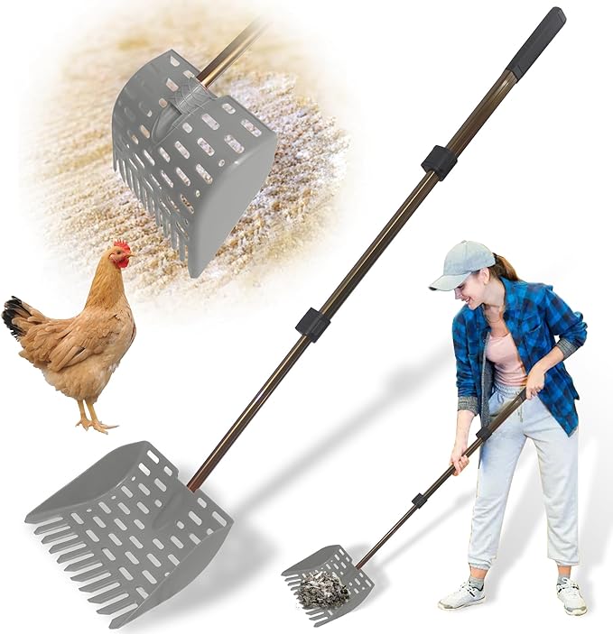 Telescopic Chicken Poop Scooper & Rake 2-in-1 Chicken Litter Scoop for Chicken Coops & Small Farm Animals Sand Sifting Litter Shovel (Gray)