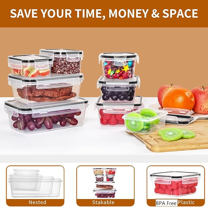 PRAKI 48 Pack Food Storage Containers with Airtight Lids (24 Containers & 24 Lids), Kitchen storage containers for Pantry Organizers and Storage, Meal Prep Container with Labels & Marker