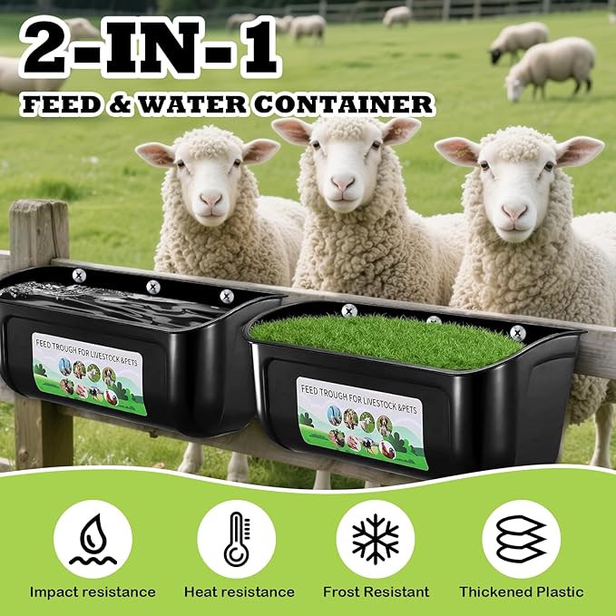 2 Pack Large Goat Feeder, Duck Chicken Feeder Waterer, Hanging Fence Feed Trough with Clips for Goat, Sheeple, Piglet, Gooses, Turkeys, Dog Livestock Poultry, Feed Scoop Included, Black