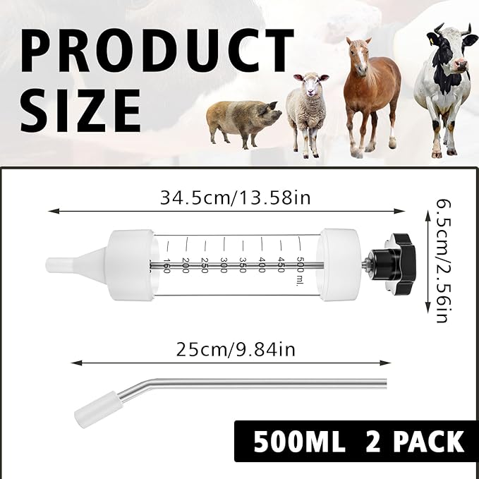 2 Pcs 500ml Large Cattle Drench Gun Big Dosage Feeding Gun Reusable Veterinary Medicine Syringe Continuous Dosing Feeding Dispenser Device for Pig Cow Sheep Goat Horse Livestock