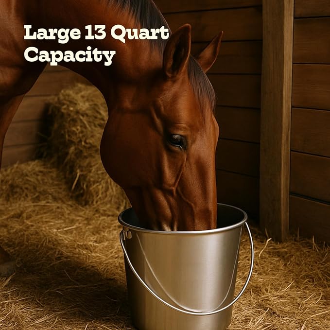 13 quart Heavy Duty Stainless Steel Round Bucket with Handle | 3.25 gal Sturdy Food & Water for XXL Dogs Goats sheep Horse & Livestock | Fits kennel Crate Cage Farm | Hanging Utility Pail