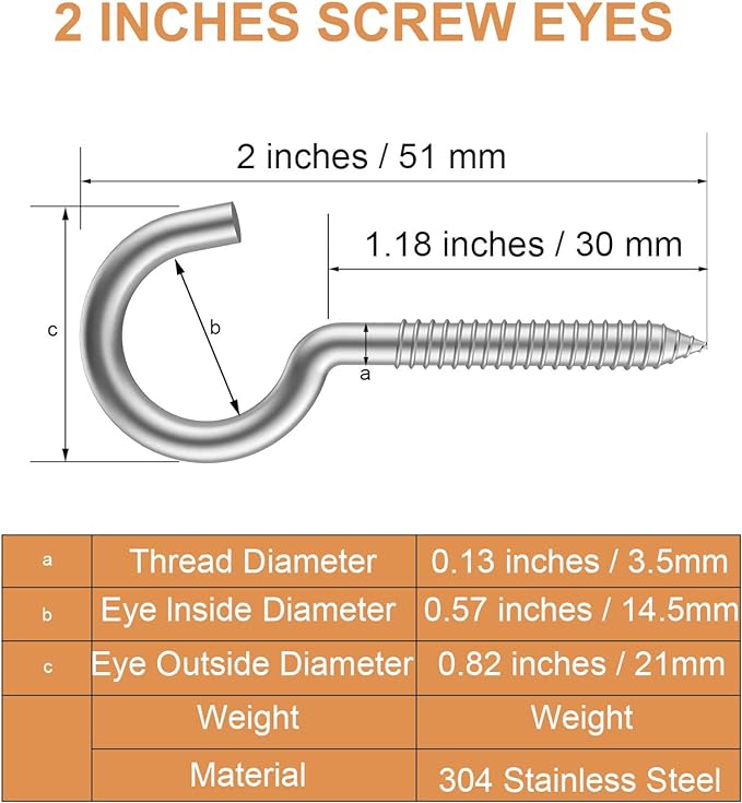 20pc 304 Stainless Steel Heavy Duty Screw Hooks, 2" Eye Bolts, Indoor/Outdoor, Wall, Wood, PVC