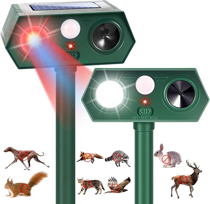 2025 Solar Ultrasonic Racoon Fortress Pro, Deer Cat Repellent Devices Animal Repeller Squirrel Rabbit Deterrent Outdoor with Motion Sensor&Flash Light to Scare Dog Skunk Out of Garden Yard(2Pack)