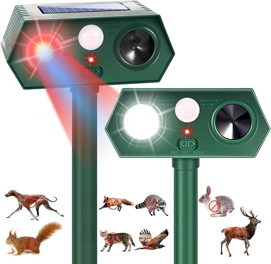 2025 Solar Ultrasonic Racoon Fortress Pro, Deer Cat Repellent Devices Animal Repeller Squirrel Rabbit Deterrent Outdoor with Motion Sensor&Flash Light to Scare Dog Skunk Out of Garden Yard(2Pack)