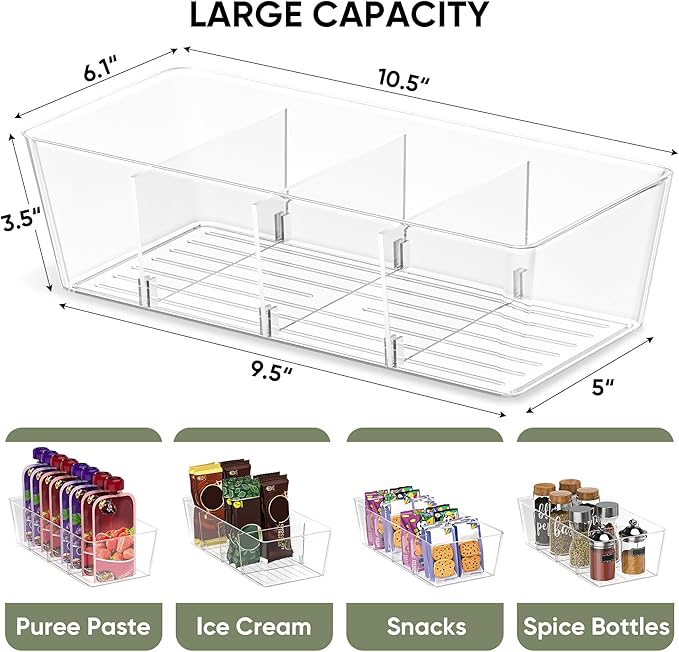 BALEINE Pantry Organizers and Storage Bins, Plastic Clear Storage Bins with 3 Removable Dividers, BPA-Free Fridge Organizers for Kitchen Cabinet Bathroom (10.5x6.1x3.5, 4PK)