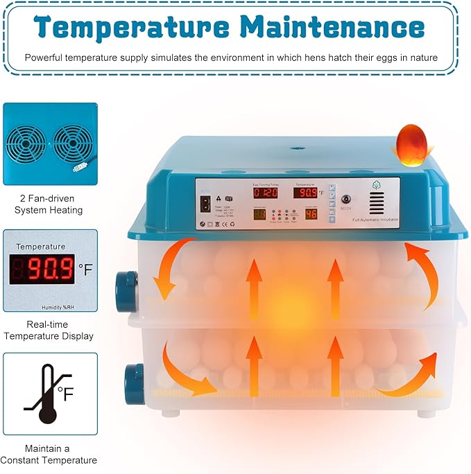 Automatic Incubators for Hatching Eggs, 120 Eggs Smart Incubation Machine with Automatic Temperature and Humidity Control, Poultry Hatcher with Egg Turning for Chickens Ducks Birds Blue