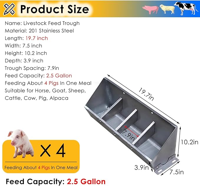 Heavy Duty 2-in-1 Stainless Steel Livestock Feed Trough for Pigs, Sheep, Cattle & Goats, 20" Hanging Fence Feeder with Sloped Opening, Easy Access Feeding System